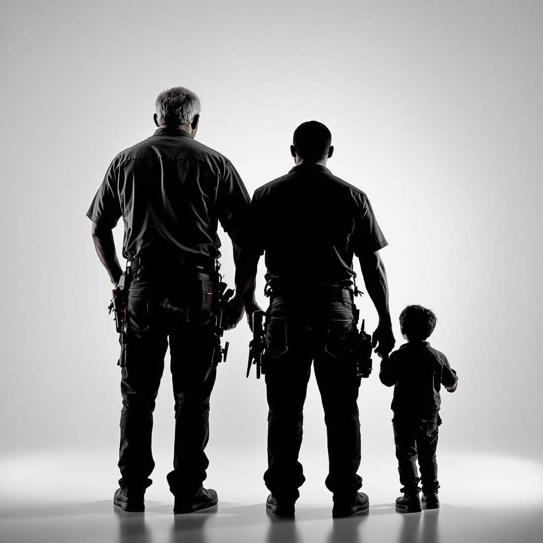 Three generations of MK Electrical London — silhouette of grandfather, father and son